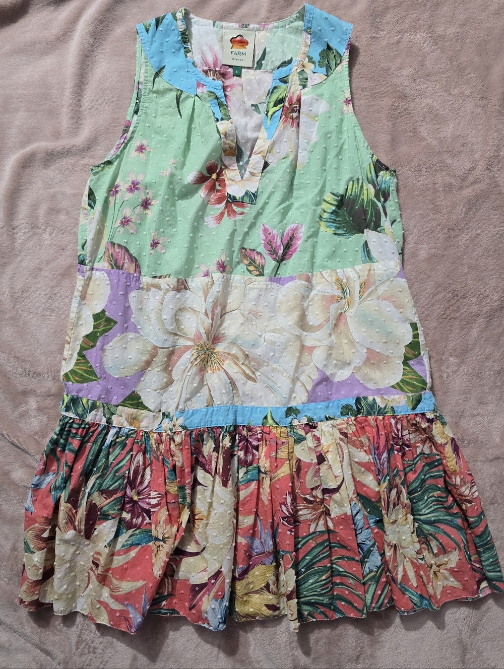 FARM Rio Mint Green, Coral & Lilac Floral Patchwork Tiered Swiss Dot Dress Small